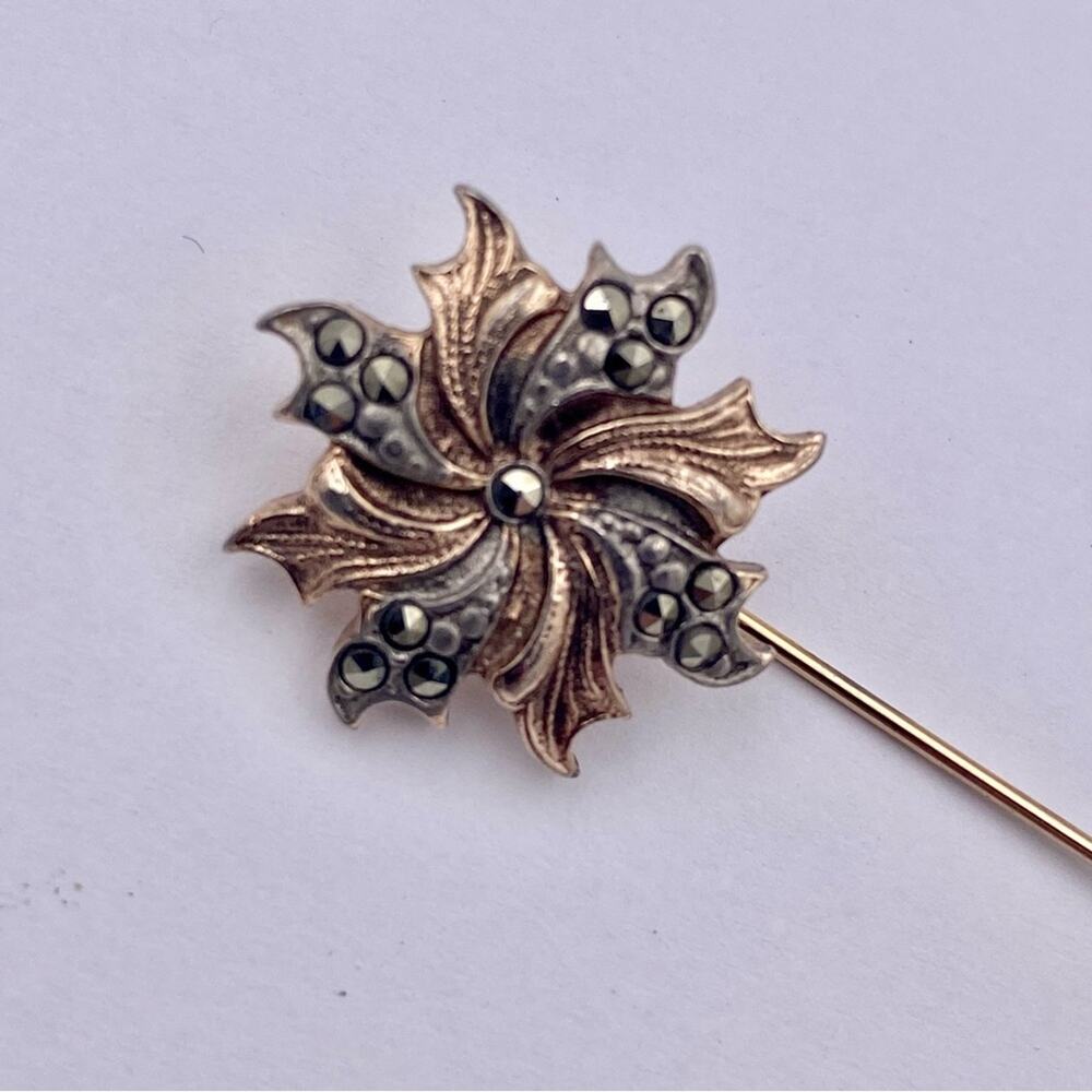 Vintage Two Tone Marcasite Pinwheel Stick Pin